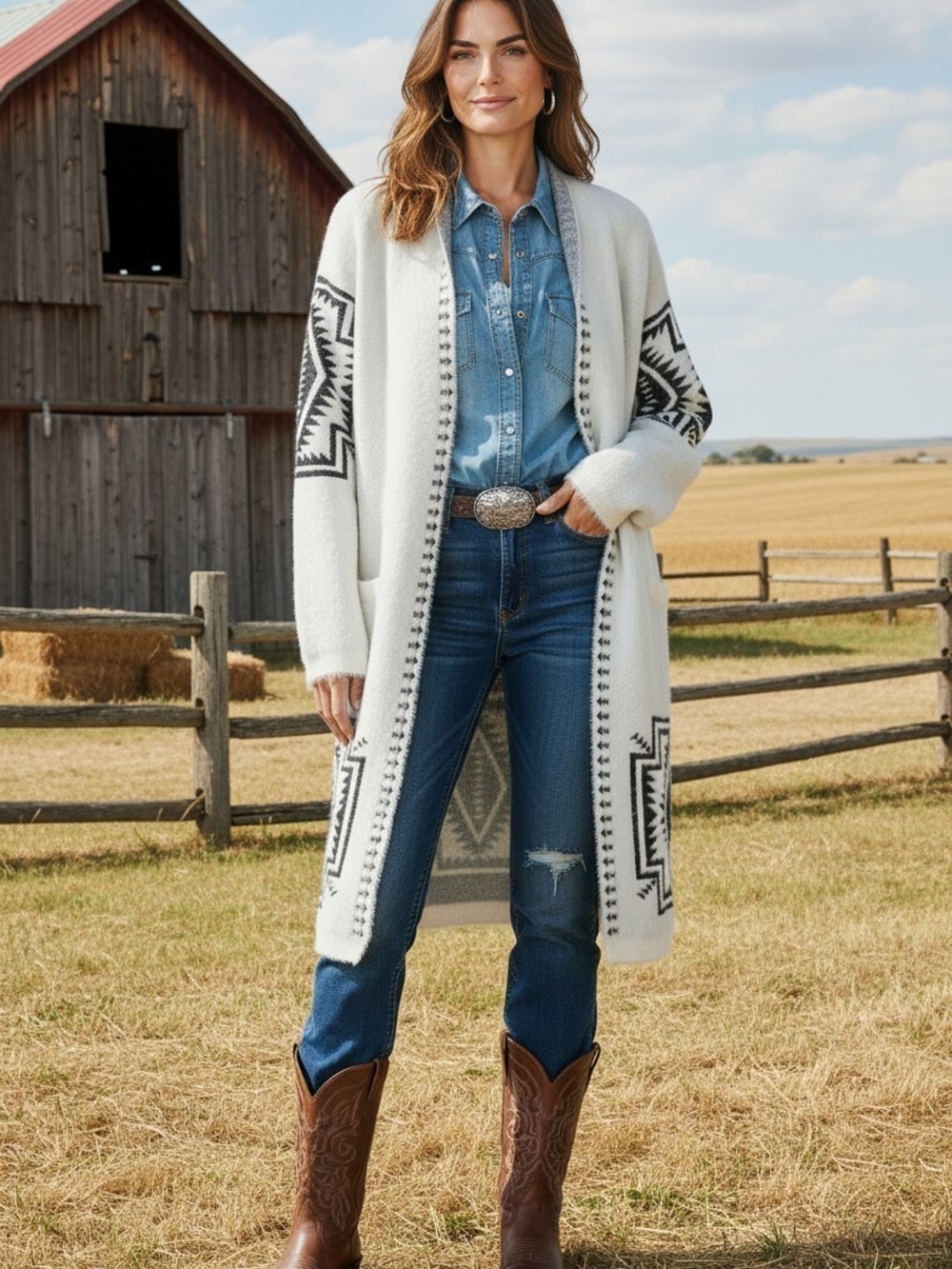 Ivory Open-Front Aztec Pattern Long Cardigan Sweater